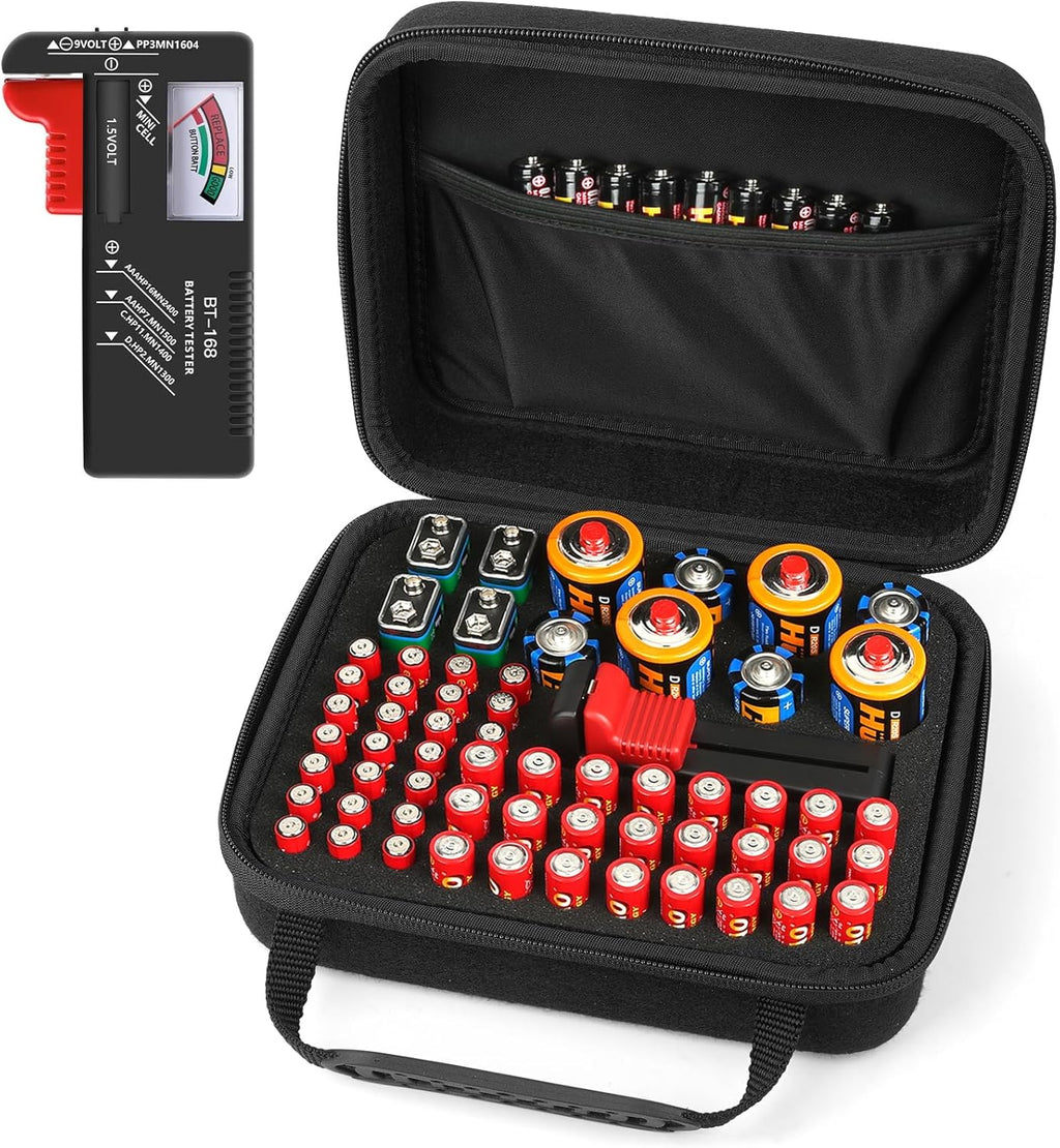 Hard Battery Organizer Storage Box, Battery Organizer Carrying Case Bag Holder Holds 60＋ Batteries AA AAA C D 9V - with Battery Tester BT-168 (Batteries are Not Included)