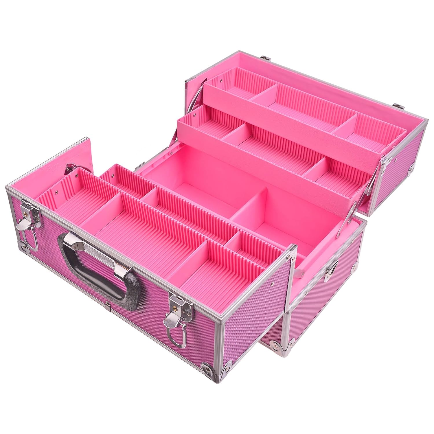 SHANY Essential Pro Makeup Train Case Cosmetic Box Portable Makeup Case Cosmetics Beauty Organizer Jewelry storage with Locks, Multi Compartments Makeup Box and Shoulder Strap - Pink