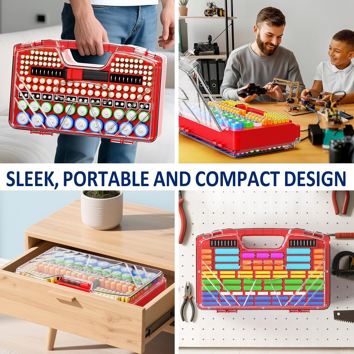 Battery Organizer Storage Holder Box Case with Tester, Stores & Protects Up to 285+ Batteries, Double-Sided and Durable Design,Holds AA AAA 4A C D Cell 9V 3V Lithium LR44 CR2 CR123 (Red)