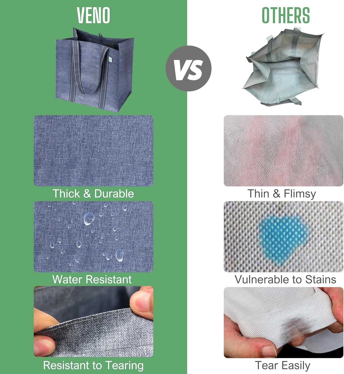 VENO 4 Pack Reusable Grocery Bags, Heavy-Duty Shopping Bags with Handles, Bags for Shopping Cart with Hard Bottom to Stand Upright, Foldable, Multi-Purpose(Gray, 4 Pack)