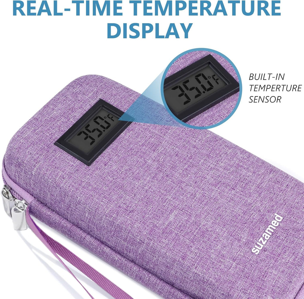 Insulin Cooler Travel Case,EVA Insulation Travel Medicine Kit with Temperature Display for Diabetes Care,Insulin Pen and Other Diabetic Supplies (Purple-Temp)