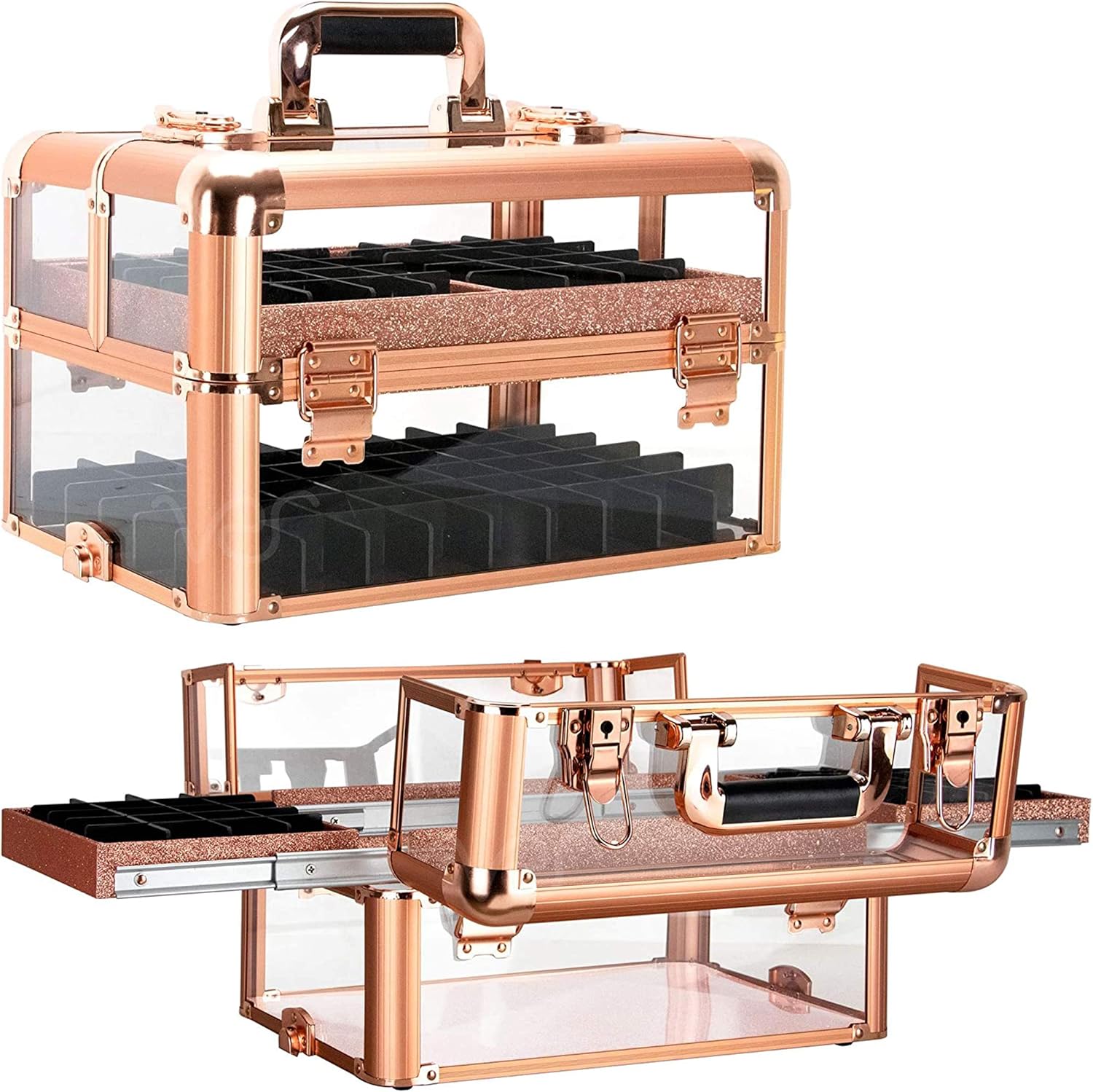 Ver Beauty Professional Armored Clear Acrylic Makeup Nail Tech Case with 2 Sliding Trays and Removable Dividers for Nail Polish Organizer Lockable Portable Travel Cosmetic Aluminum Case (Rose Gold)