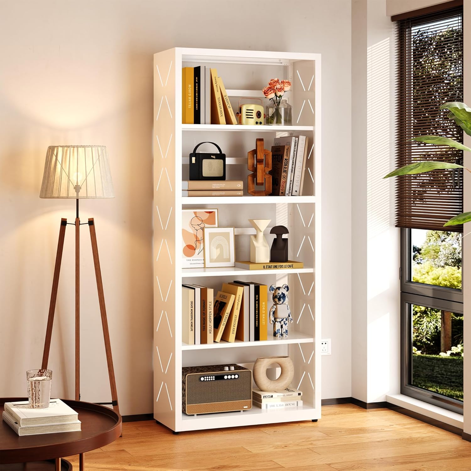 Industrial Bookshelf,5 Tier Bookcase,55" White Metal Tall Bookshelf with Adjustable Feet and Adjustable Shelves,Home Office Bookcase Shelf Storage Organizer for Living Room、Kitchen