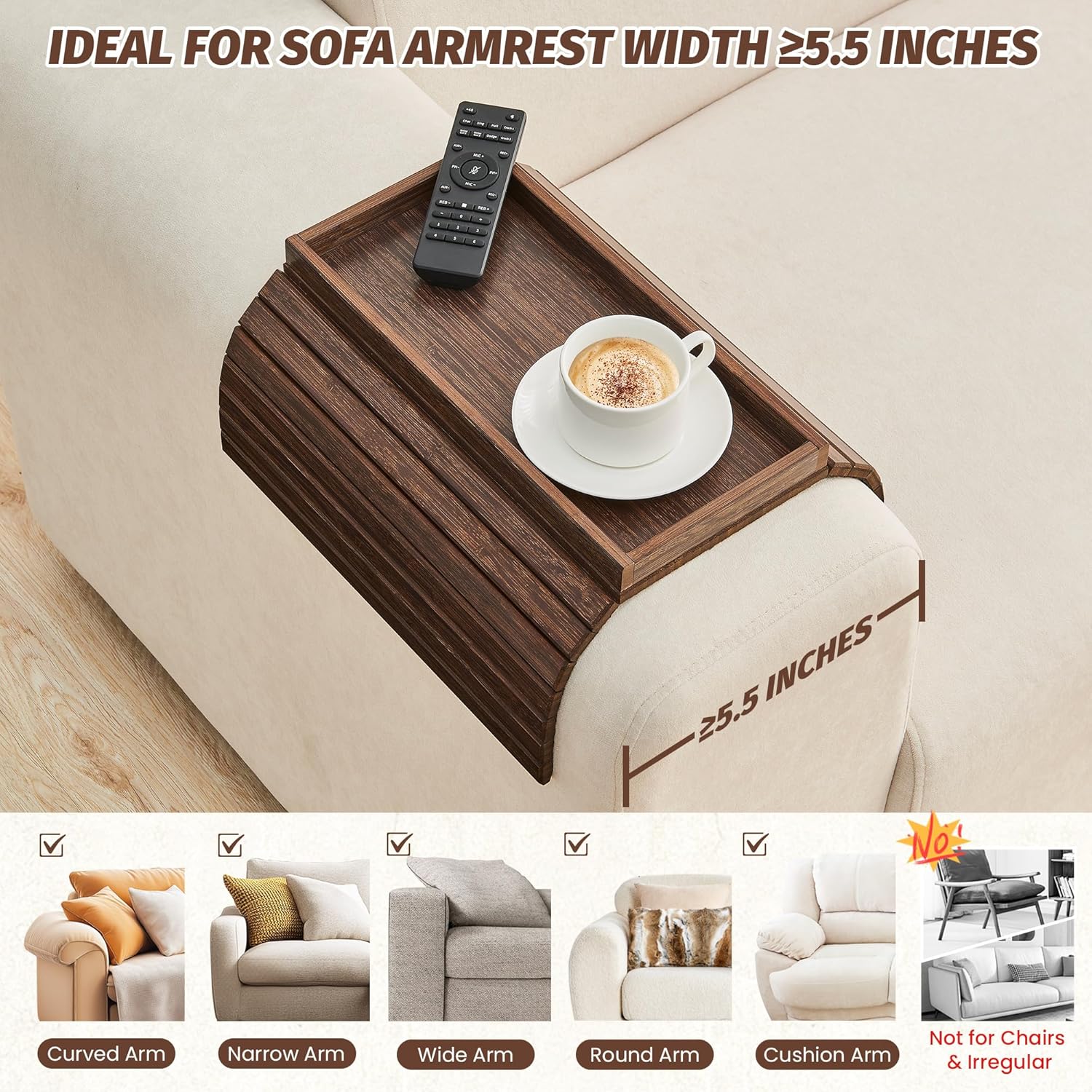 GEHE Bamboo Sofa Arm Tray, Foldable Couch Arm Tray Side Table, Anti-Falling Armrest Tables Cup Holder for Snacks, Drinks, Beers, Phone, Control, Flexible and Portable, Anti-Slip Bottom