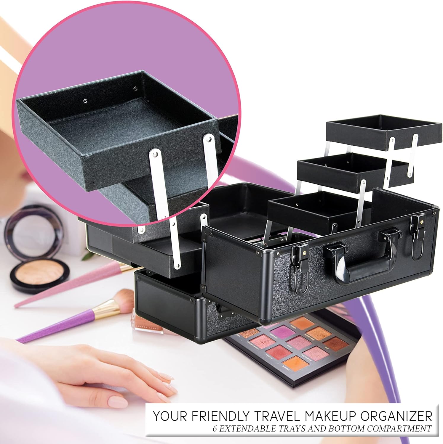 Ver Beauty Makeup Organizer, Cosmetic Travel Kit, Makeup Artist Supplies, 6-Tier Lockable Storage Box, Makeup Train Case, Aluminium Case, Lightweight & Portable Makeup Vanity (Black)