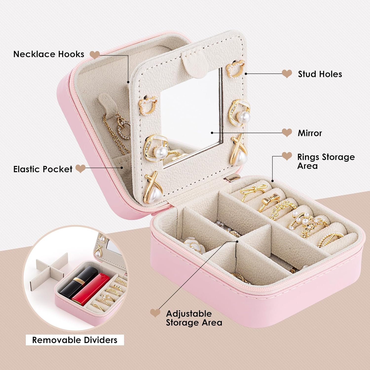 Initial Jewelry Box, Travel Jewelry Case, Gift for Women, Girls, Pink, Classic Style