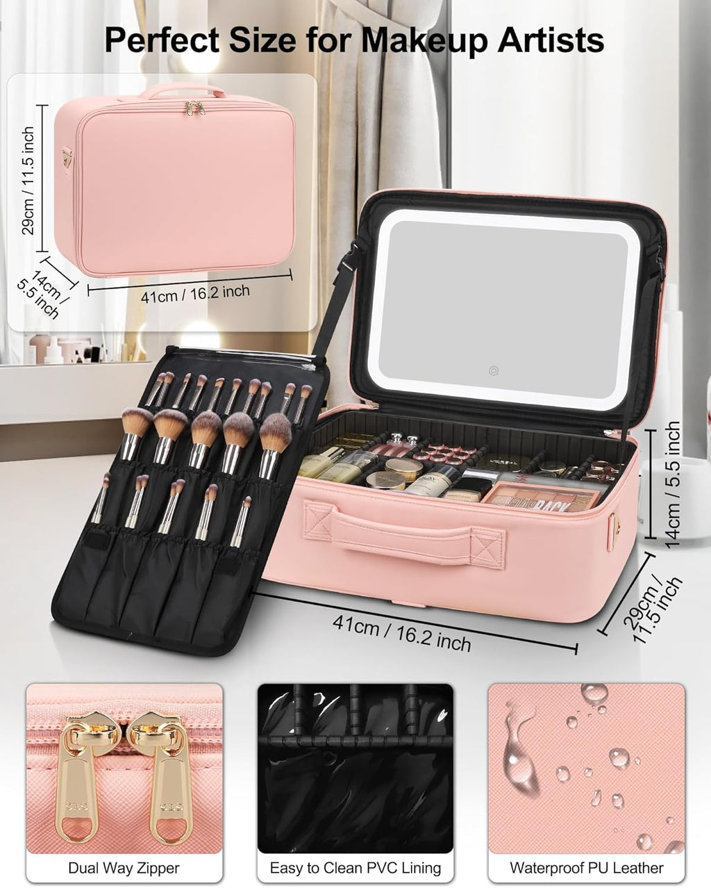 Relavel Makeup Bag with LED Mirror, 16.2 inches Large Makeup Case Travel Portable Cosmetic Organizer Vanity Case for Women, Rechargeable Lighted Mirror Professional Makeup Artists Storage Box (Pink)