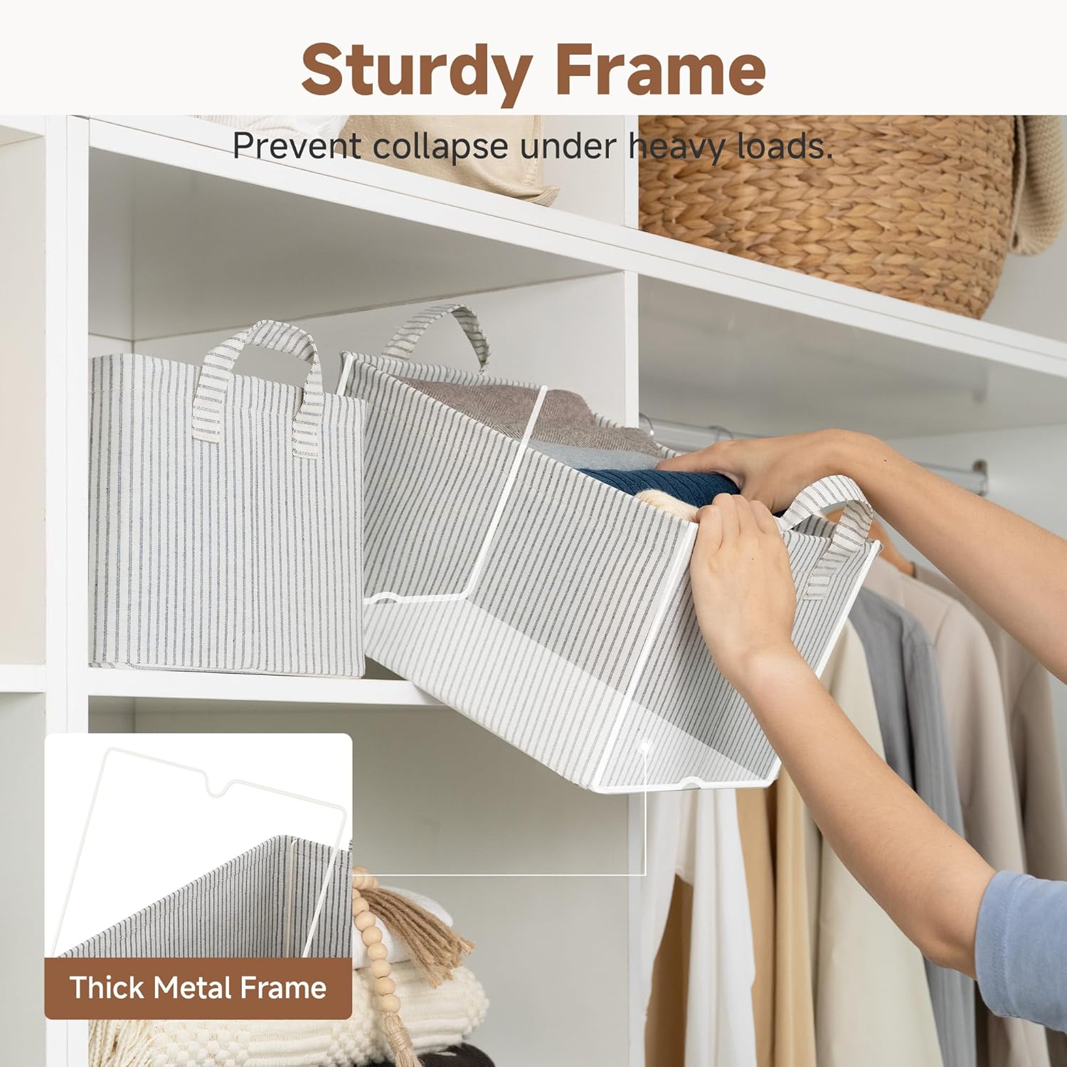 StorageWorks Storage Bins, Fabric Storage Bins for Shelves, Storage Baskets with Metal Frame, Closet Baskets and Bins with Handles, Khaki and Beige Stripes, 2-Pack