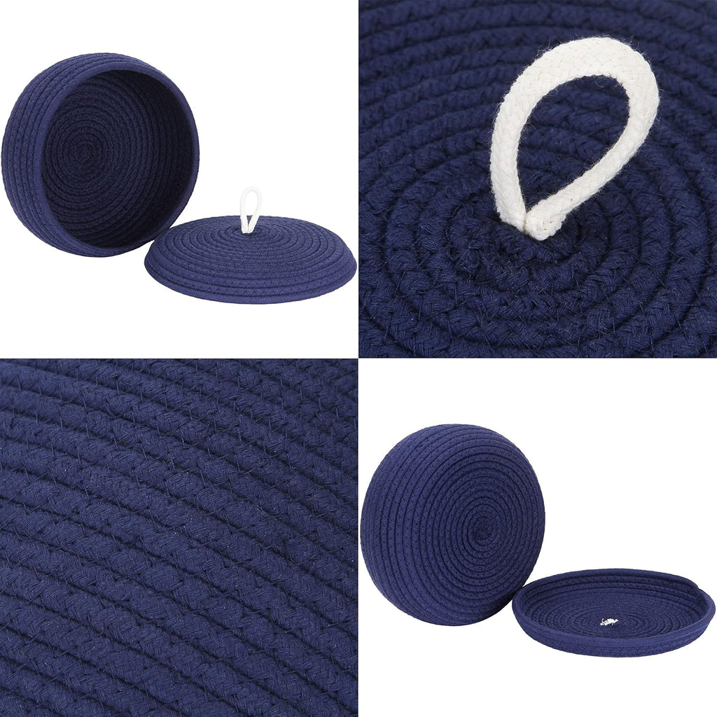 Sea Team Round Cotton Rope Storage Basket with Lid, Decorative Woven Storage Bin, Pot, Caddy, Organizer, Container for Snacks, Towels, Plants, 10 x 4.5 Inches (Small, Shallow, Dark Blue)