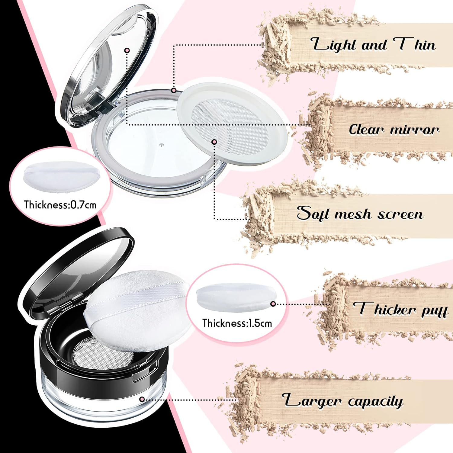 Cunhill 2 Pcs Loose Powder Container with Puff 0.17/0.7 oz Reusable Plastic Empty Case Portable DIY Makeup Powder Container Compact Case with Mirror and Net Sifter(Silver, Black)