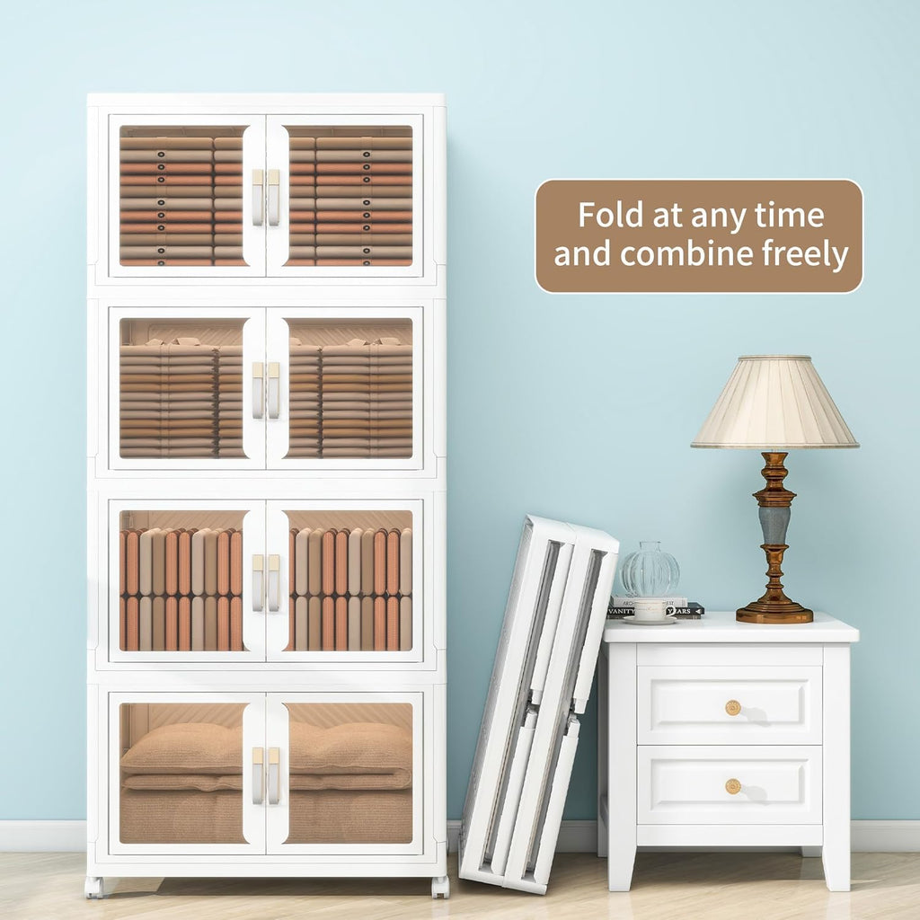 Large Clear Stackable Storage Bins with Lids, Foldable Storage Cabinet for Closet Organizers and Storage, Plastic Storage Box with Wheels 628 QT