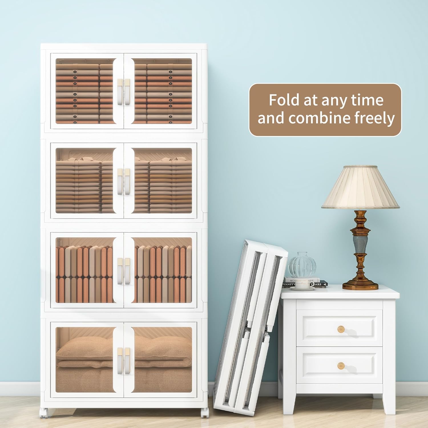 Large Clear Stackable Storage Bins with Lids, Foldable Storage Cabinet for Closet Organizers and Storage, Plastic Storage Box with Wheels 628 QT