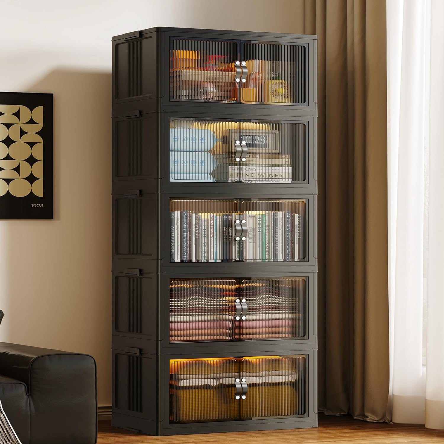 SAILUN 145Gal/580Qt Stackable Storage Bins Folding Collapsible Storage Bins with Lid, Closet Organizers and Storage, Storage Box with Door Black 26" W x 17" D x 71" H