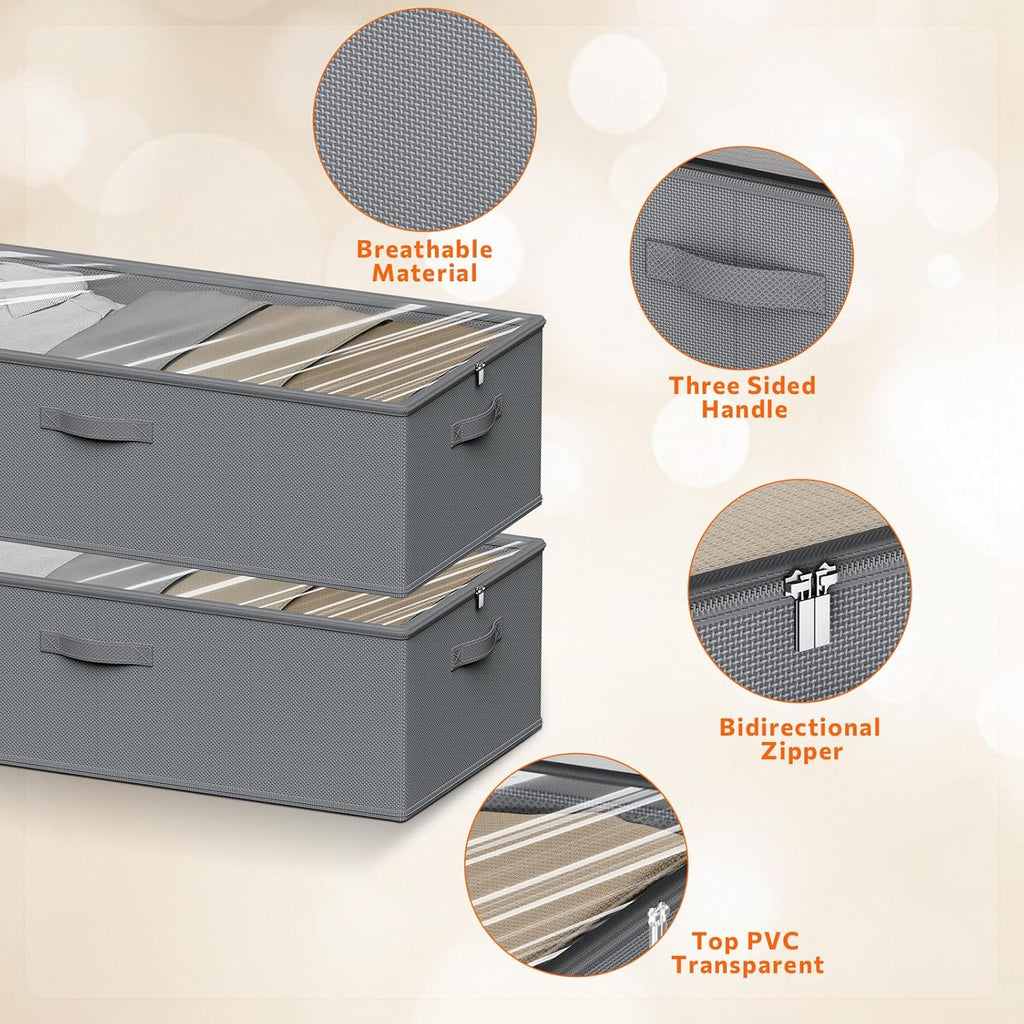 10 Inch 2 Pack Under Bed Storage Containers, 10 Inch Tall Underbed Clothes Storage Organizer Bin with Clear Window，Foldable Box Basket for Clothes, Closet, Bed Sheets and Blankets Gray