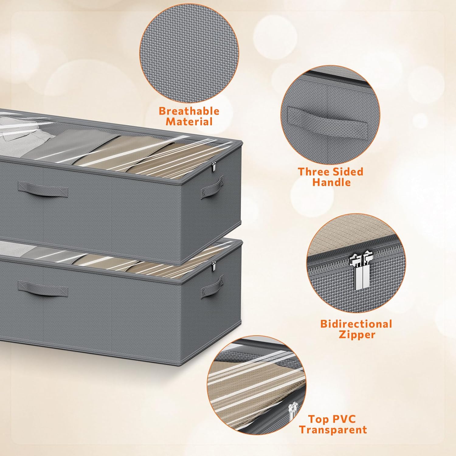 10 Inch 2 Pack Under Bed Storage Containers, 10 Inch Tall Underbed Clothes Storage Organizer Bin with Clear Window，Foldable Box Basket for Clothes, Closet, Bed Sheets and Blankets Gray