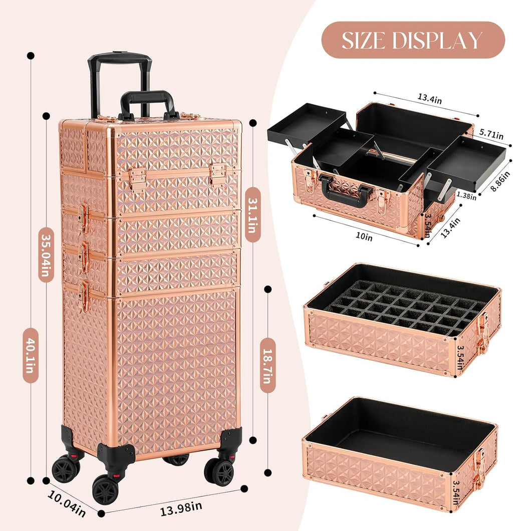 Leeora&Leekoo Portable Multi-Storey Nail Case for Nail Tech Organizer - Wheels Makeup Case Organizer, Cosmetic Case, Makeup Train Case, Make Up Case (rose gold)