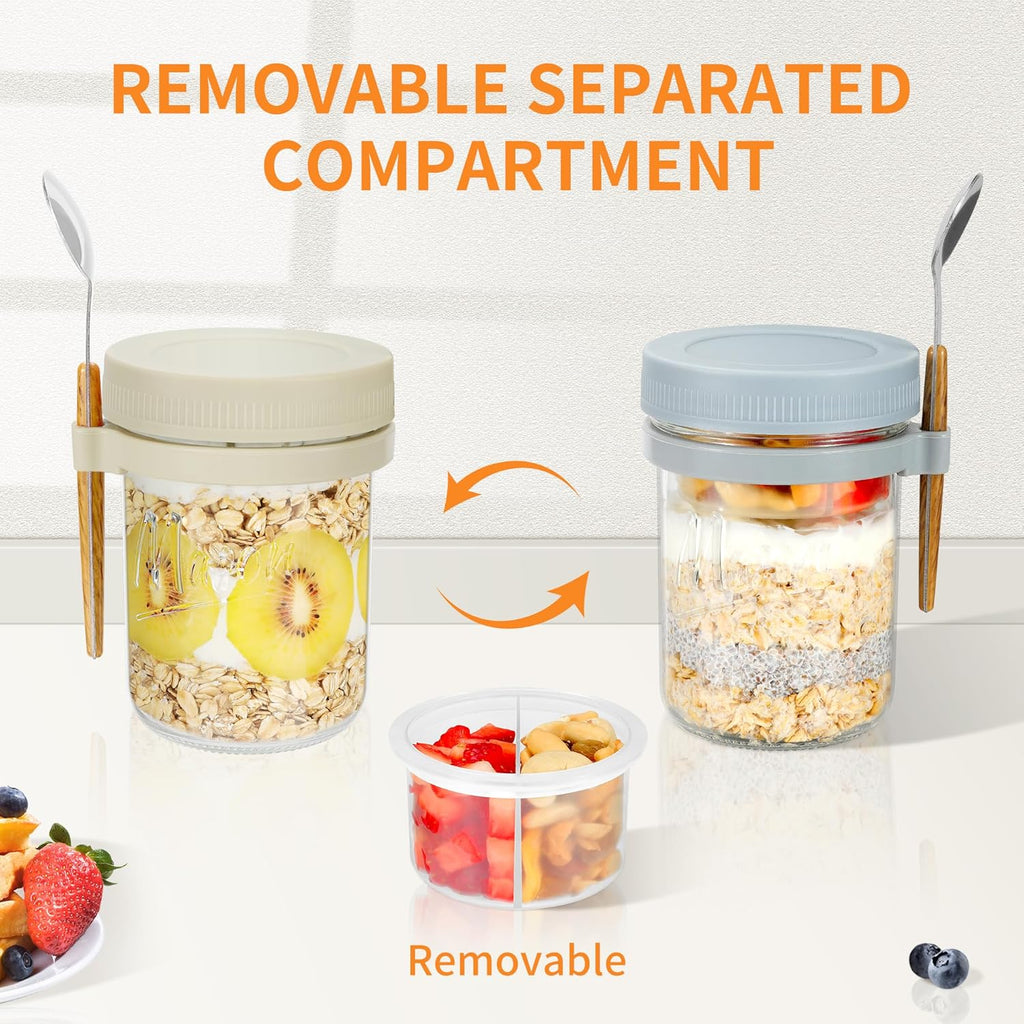2 Pack Overnight Oats Containers with Lids and Spoons, 16 oz Mason Jars with Removable Separate Compartments, Airtight and Leak-Proof Glass Jars for Chia Pudding, Yogurt, and Oatmeal