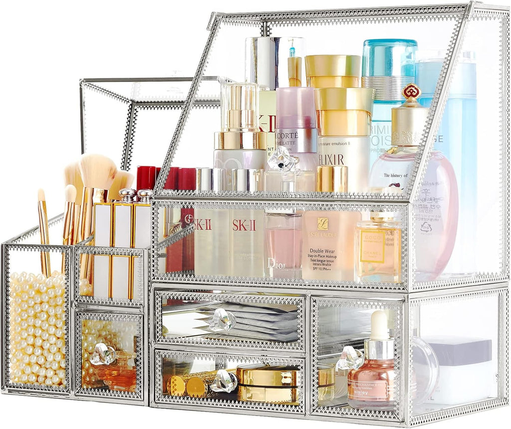 Hersoo Glass Makeup Organizer for Vanity/Stackable 2Pieces Drawer Set/Antique Countertop Vanity Cosmetic Storage Box Mirror Glass Beauty Display, Holder for Brushes Lipsticks Skincare Toner (Silver)