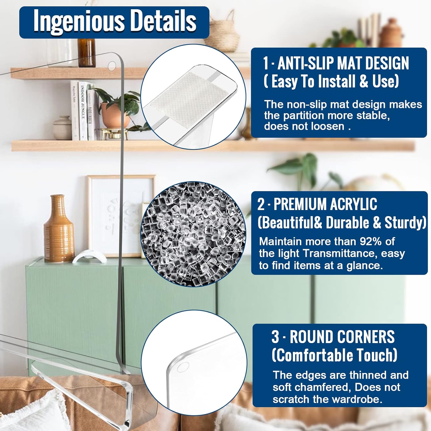 10 Pack Clear Acrylic Shelf Dividers for Closet Shelf Organizer of Bedroom Kitchen Office Bathroom Organizer for Clothes Books Hats and Handbags