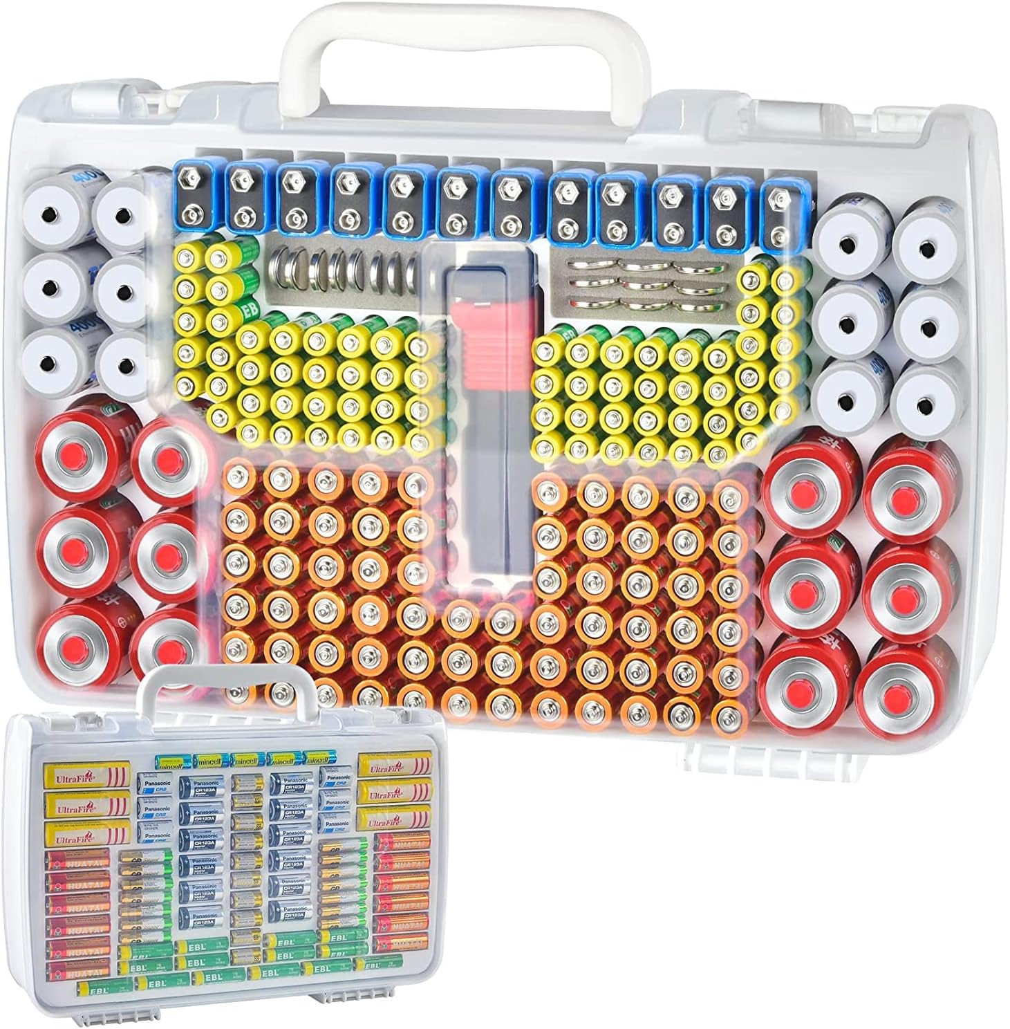 Battery Organizer Storage Case with Double-Sided, Garage Box with Tester Checker Batteries Container for 269pcs AA AAA AAAA 3A 4A 9V C D Lithium 4LR44 CR2 CR123A CR1632 CR2032 18650(Case Only)-White