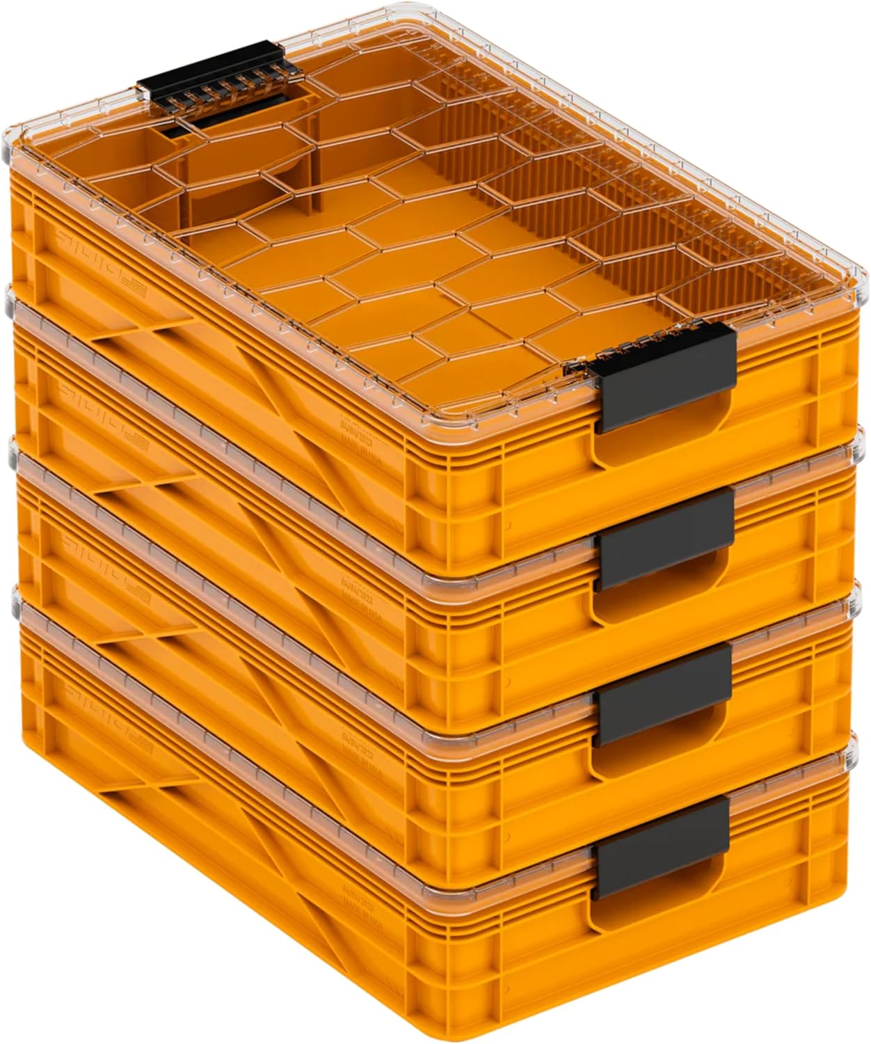 SIDIO Quarter Crate 4 Pack of Stackable Storage Bins - Organizer Bins with Dividers for Garage Organization, Home Storage - Heavy Duty Plastic Containers - 19.16” x 12.75”x 4.57” (Sol)