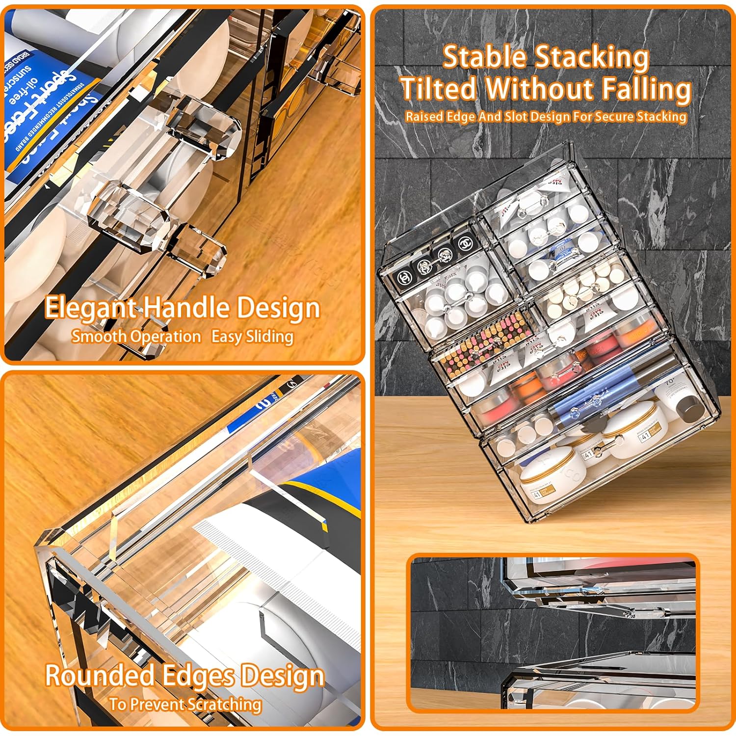 Cq acrylic 2 Pack Clear Desk Organizer With Drawers,Stackable 6 Drawers Skincare Organizer,Cute Skin Care Organizers for Vanity Hair Clip,Jewelry,Beauty Product Desk and Makeup Organizers Countertop