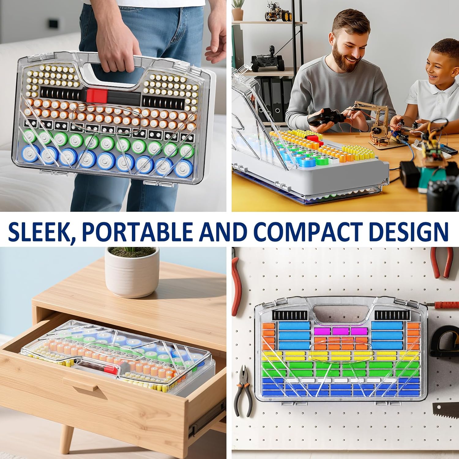 Battery Organizer Storage Holder Box Case with Tester, Stores & Protects Up to 285+ Batteries, Double-Sided and Durable Design,Holds AA AAA 4A C D Cell 9V 3V Lithium LR44 CR2 CR123 (Grey)