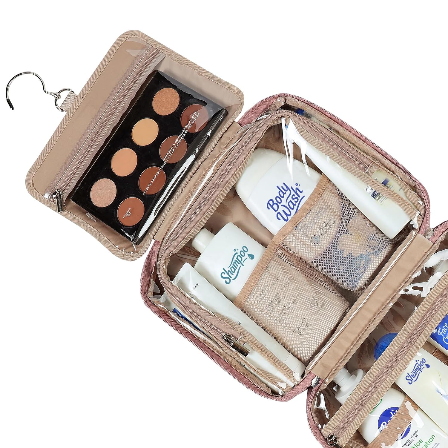 NISHEL Travel Toiletry Bag for Women, Makeup Essentials Organizer, Hanging Case for Accessories, Cosmetics, Large Size, Rosewood-Pink