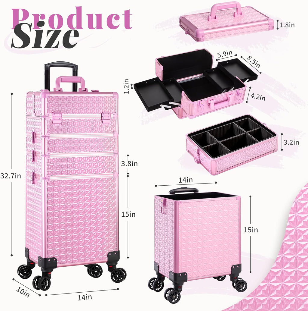 AROUS 5 in 1 Rolling Makeup Train Case Cosmetology Case on Wheels Large Cosmetic Organizer Travel Cart for Hairstylist Artist Nail Beauty Salon Barber,All Pink