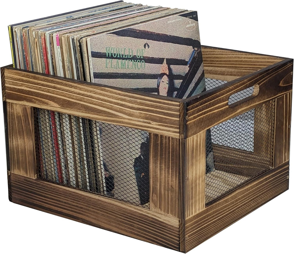 ARTAWEIN Vinyl Record Storage Crate, Wooden Record Holder for Albums - Holds up to 80-100 LPs, Rustic Vintage Style Organizer Box with Handles, Easy Assembly Display for Music Room & Office