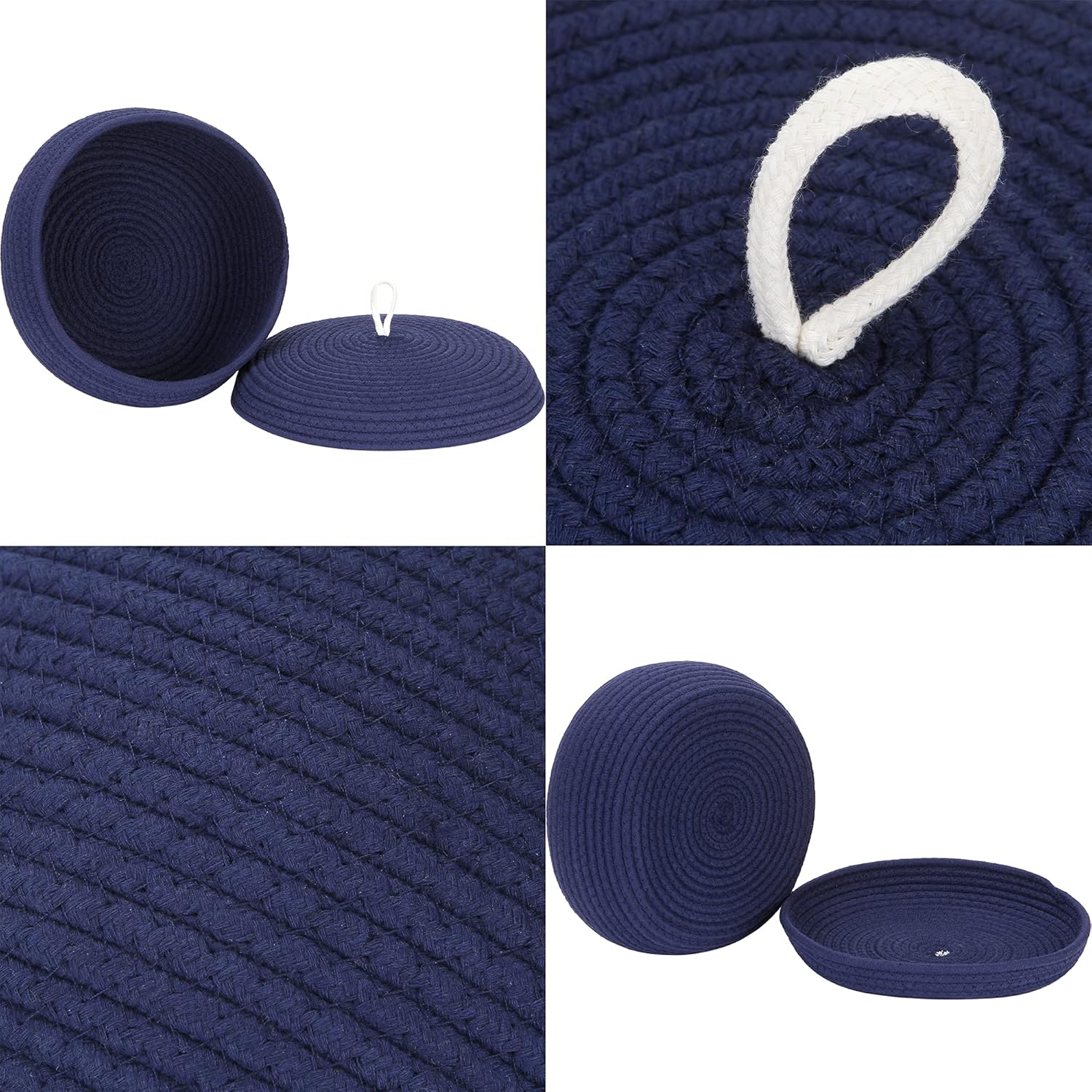 Sea Team Round Cotton Rope Storage Basket with Lid, Decorative Woven Storage Bin, Pot, Caddy, Organizer, Container for Snacks, Towels, Plants, 13 x 5.5 Inches (Large, Shallow, Dark Blue)