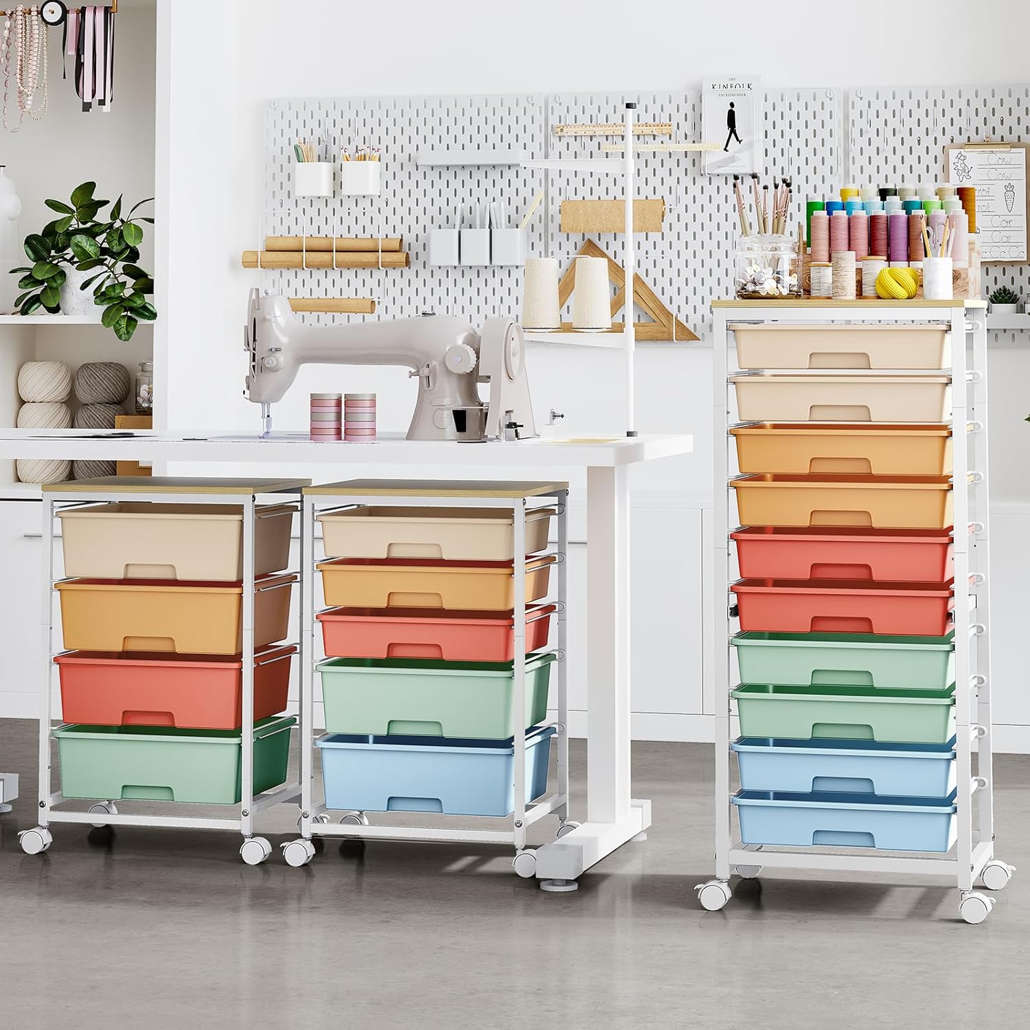 Rolling Cart with Drawers,10 Drawer Rolling Cart,Storage Cart with Wheels,Utility Cart with Drawers,Teacher Cart for Classroom Storage,Craft Cart with Wheels and Wooden Tabletop,Rainbow