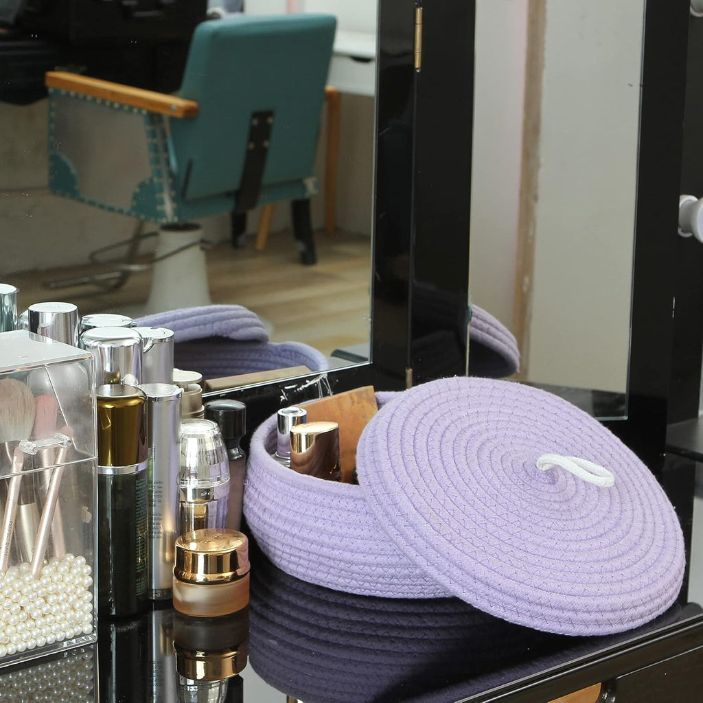 Sea Team Round Cotton Rope Storage Basket with Lid, Decorative Woven Storage Bin, Pot, Caddy, Organizer, Container for Snacks, Towels, Plants, 10 x 4.5 Inches (Small, Shallow, Lavender)