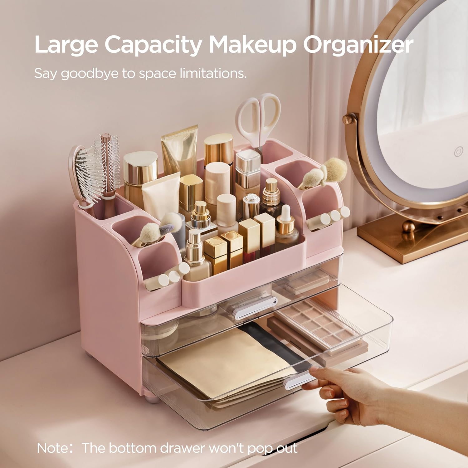 HBlife Makeup Organizer for Vanity with Brush Holder, Large Bathroom Countertop Cosmetic Organizer Skin Care Storage, Easy to Store Lipsticks, Nail Polishes, Perfumes, Eyeshadow Palettes, Pink