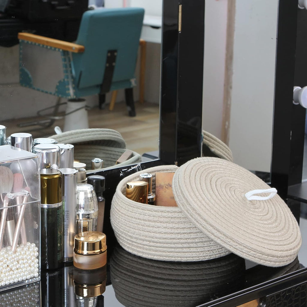 Sea Team Round Cotton Rope Storage Basket with Lid, Decorative Woven Storage Bin, Pot, Caddy, Organizer, Container for Snacks, Towels, Plants, 10 x 4.5 Inches (Small, Shallow, Khaki)