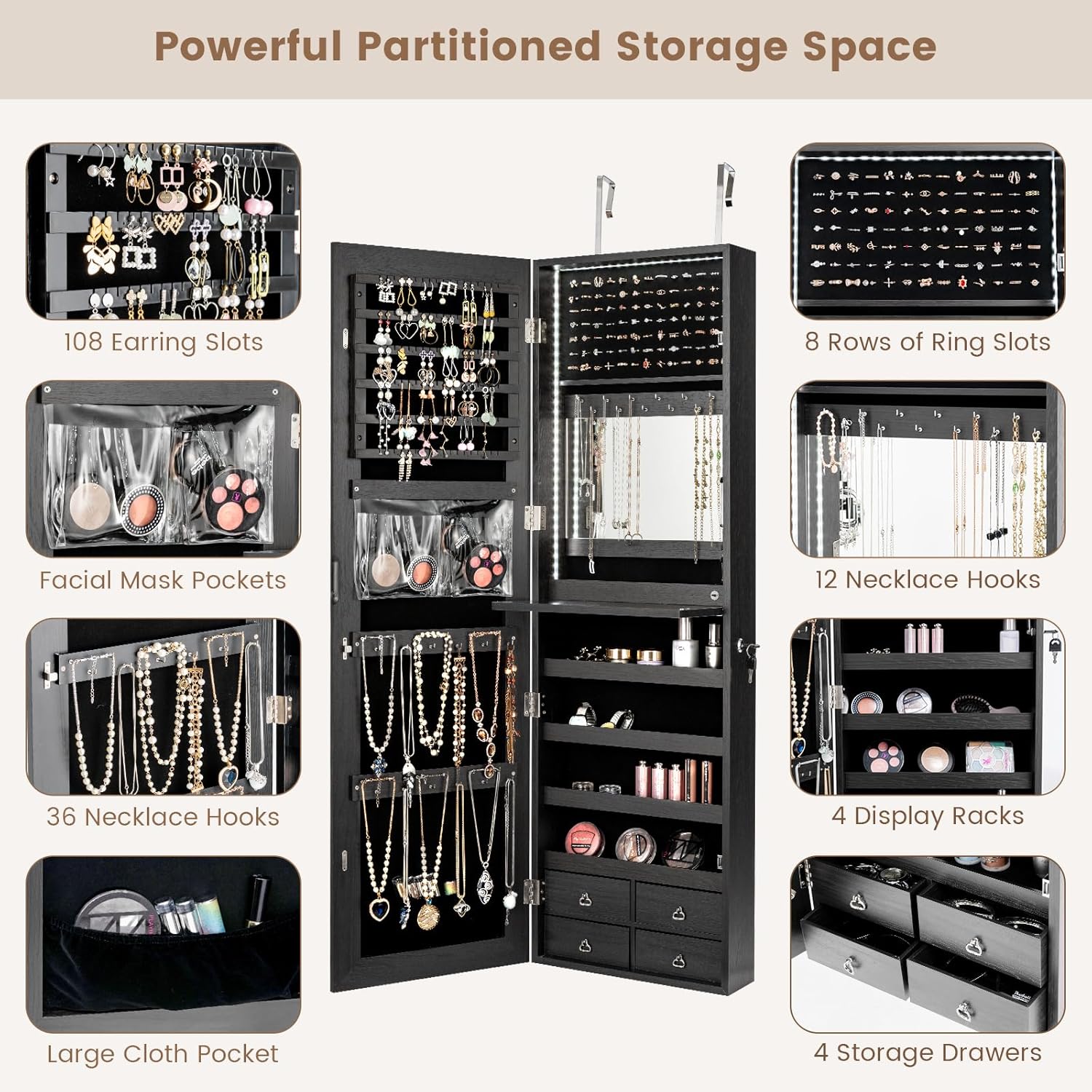 LDAILY 47” LED Jewelry Armoire, Door/Wall Mounted Mirror with Storage, 4 Shelves, 4 Drawers, Full Length Mirror & Flip-up Makeup Tray, Lockable Jewelry Organizer Cabinet for Women & Girls, Gift(Black)