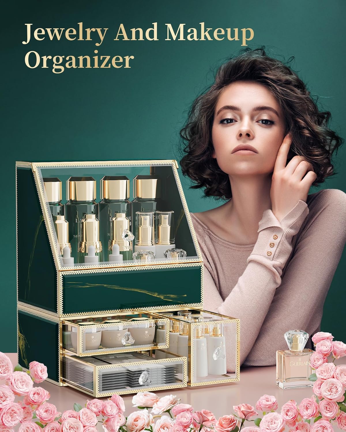 Makeup Organizer Countertop,Green Makeup Organizer with Drawer, Skincare Holder for Bathroom Countertop,Cosmetic Display Case for Dresser.