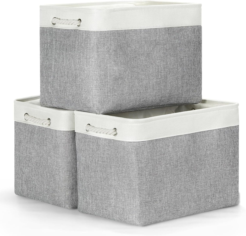 Bidtakay Large Storage Baskets for Organizing 3-Pack Fabric Closet Organizers Storage Bins with Handles 16x11.8x11.8 In Collapsible Baskets for Shelves Cloth Home Organization L-White&Grey