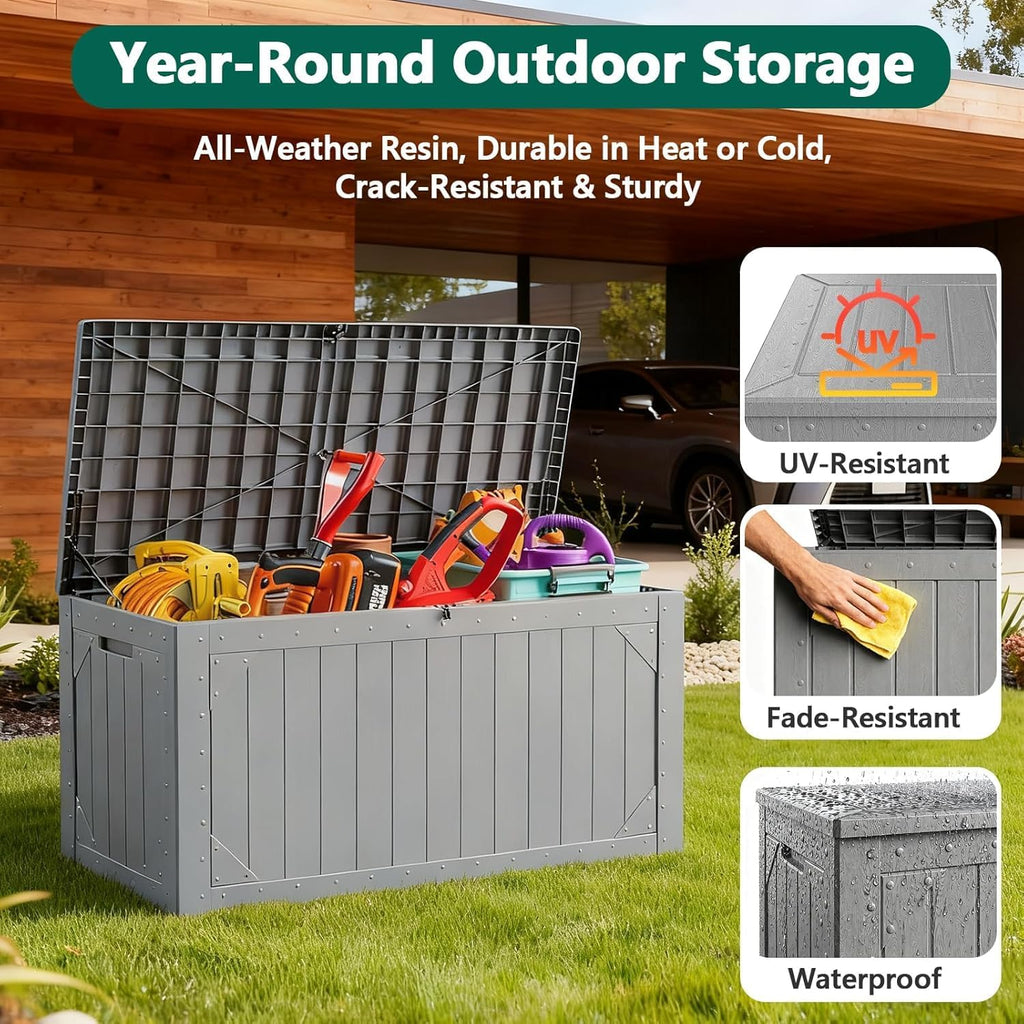100 Gallon Outdoor Storage Box, Weatherproof Deck Box for Patio Cushions, Throw Pillows, Garden Tools, Lockable Resin Large Outdoor Storage Bench for Yard, Porch, or Balcony