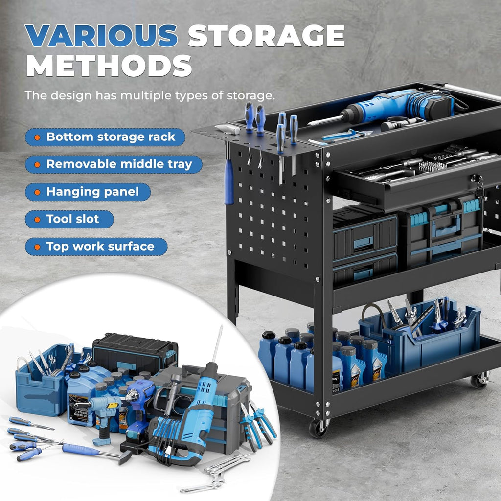 INTERGREAT Rolling Tool Cart, Heavy Duty Utility Cart on Wheels, Industrial Mechanic Carts with Drawers and Pegboard, 3-Tier Tool Storage Cart for Garage, Warehouse, Black