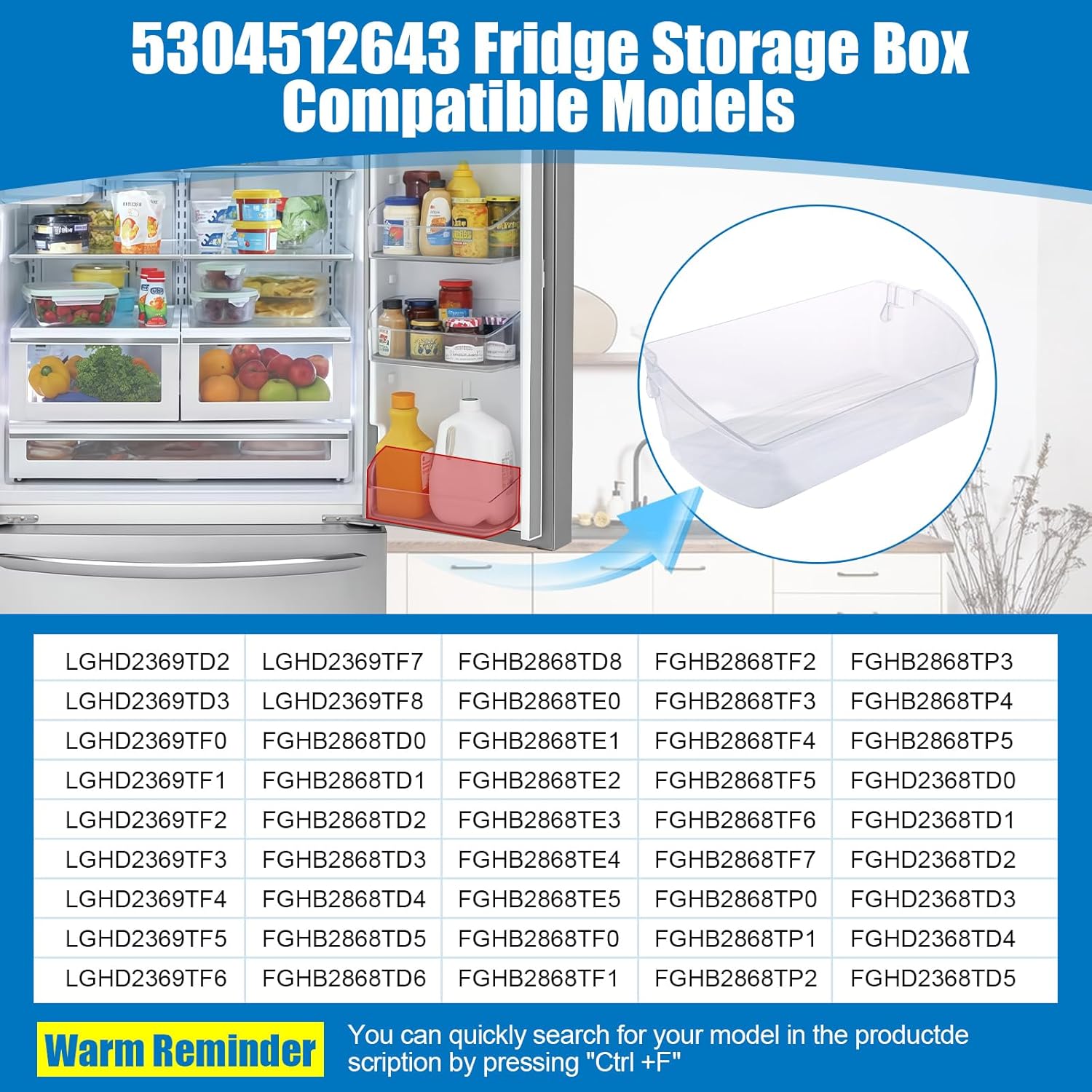 5304512643 Bin-Door Compatible with Electrolux Frigidaire FGHB2868TF4 LGHB2869TD1 Fridge Door Shelf. 5304512643 Refrigerator Door Bin Replace AP6285984 4584756 EAP12365180 PS12365180 Shelf Bin