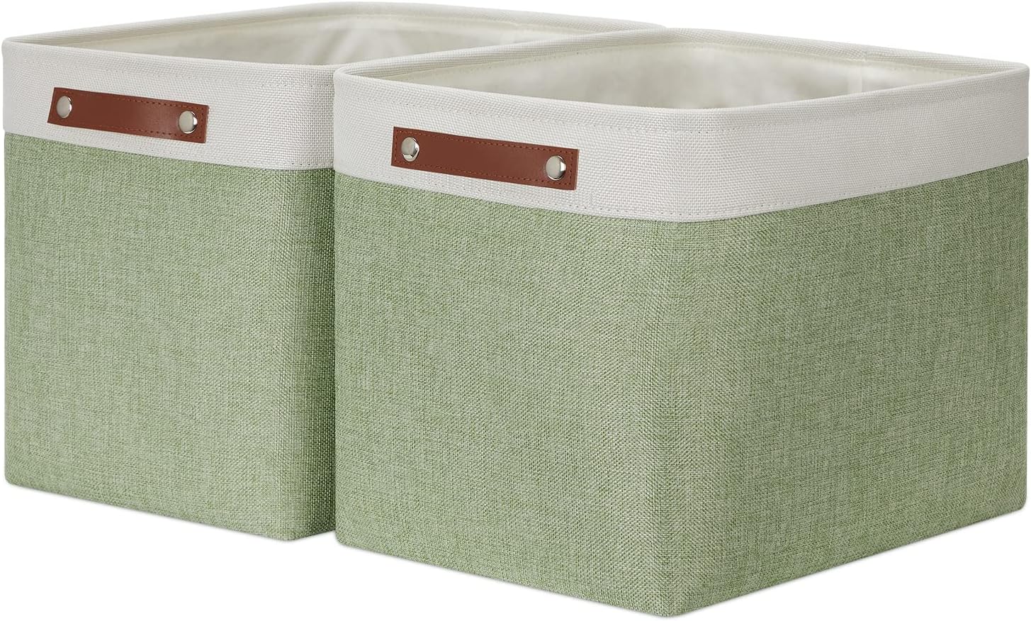 HNZIGE Large Fabric Storage Baskets with Leather Handles, Decorative Foldable Baskets for Organizing Closet & Home (Green, 16" x 11.8" x 11.8" - 2 Pack)
