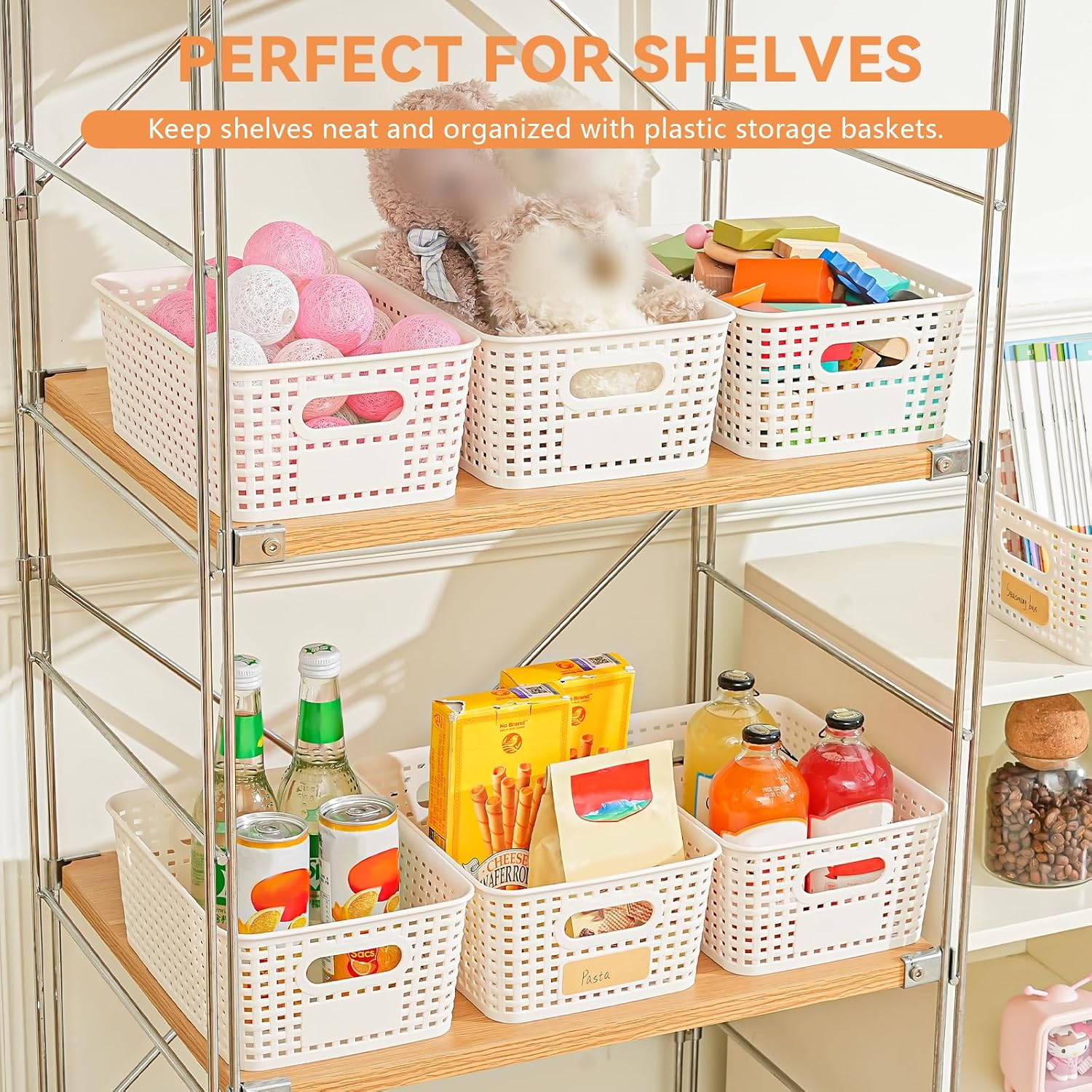 12 Pack Plastic Storage Baskets for Organizing, Storage Baskets for Shelves with Handles, Plastic Storage Bins with Labels, Organizer Baskets for Office, Pantry Organizers and Storage,Cabinet,Closet