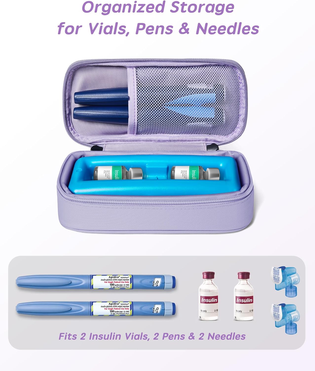 Insulin Vial Cooler Travel Case TSA Approved 300g Reusable Ice Brick Insulin Pen Case Holds 2 Pens and 2 Vials Long Lasting Medicine Cooler for Travel Camping and Outdoor Activities (Purple)