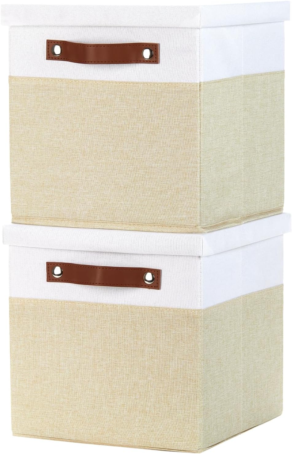 Temary Foldable Fabric Storage Bins with Lids, 2-Pack Storage Bin for Organizing Living Room, Closet Organization, Multi-Purpose Storage Boxes for Clothes (White&Khaki, 10.5x10.5x10.5in)