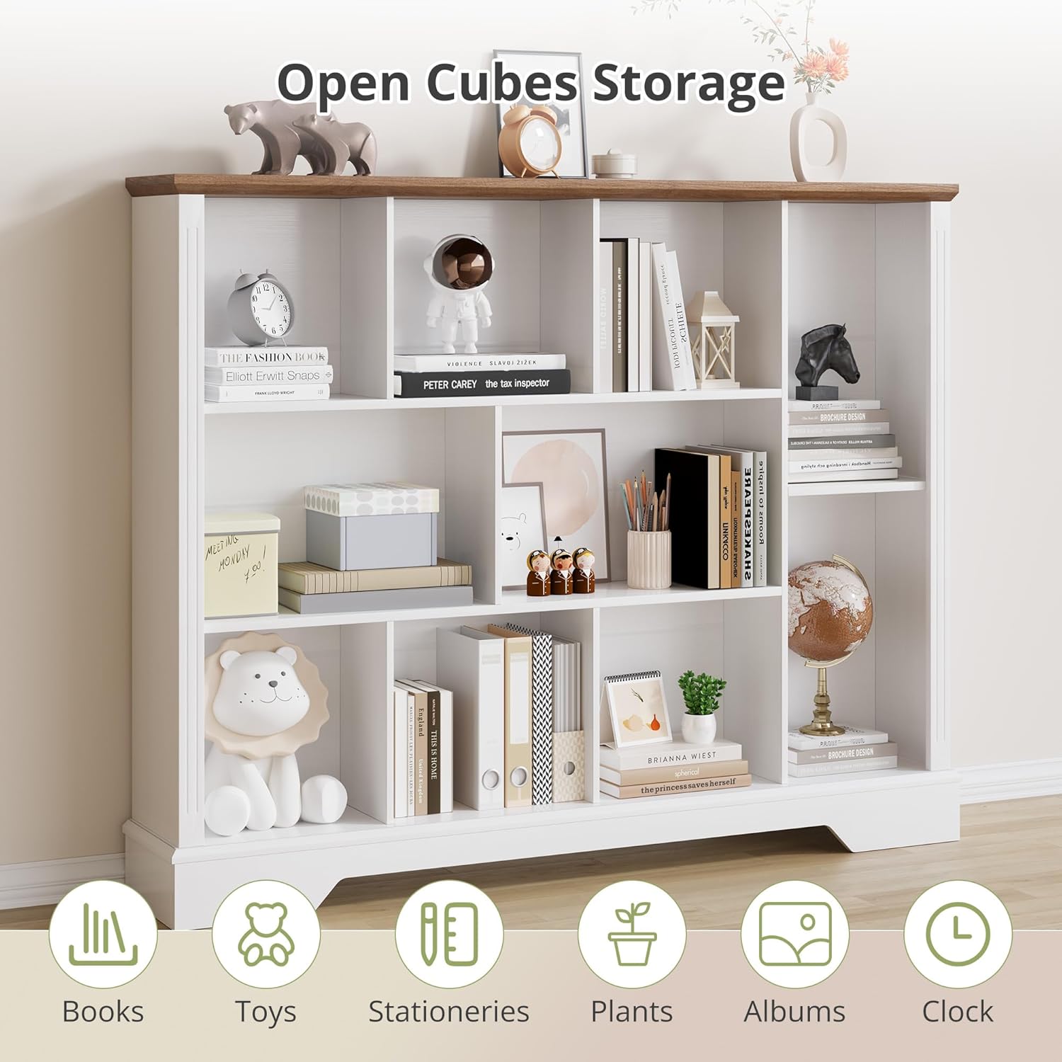 10 Cube Storage Bookcase, Modern 3-Tier Wooden Storage Organizer Open Bookshelf with Base for Living Room, Bedroom, Home Office
