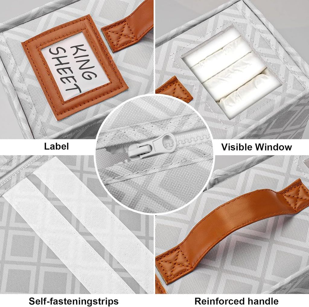 1 Pack Bed Sheet Organizers and Storage, (King & Queen Size) Sheet Organizer for Linen Closet, Foldable Bedding Storage Box with Window for Bedsheets, Duvet Cover and Pillowcase (Light Printed 1 Pack)