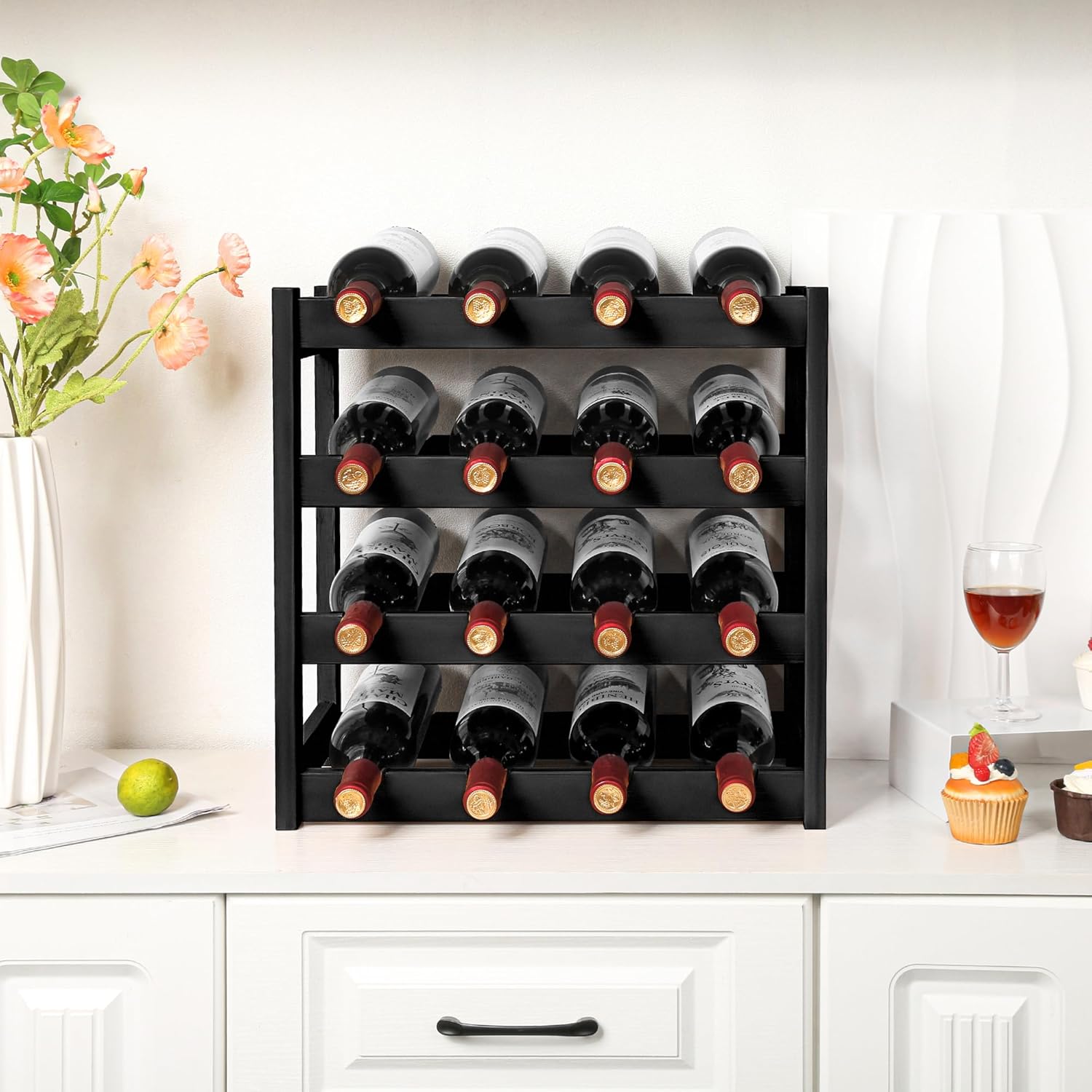 VASMIA Wine Rack, 4-Tier Bamboo Wine Racks Countertop,Sturdy and Durable Wine Storage Cabinet Shelf,16 Bottles Wine Holder for Kitchen Pantry, Black