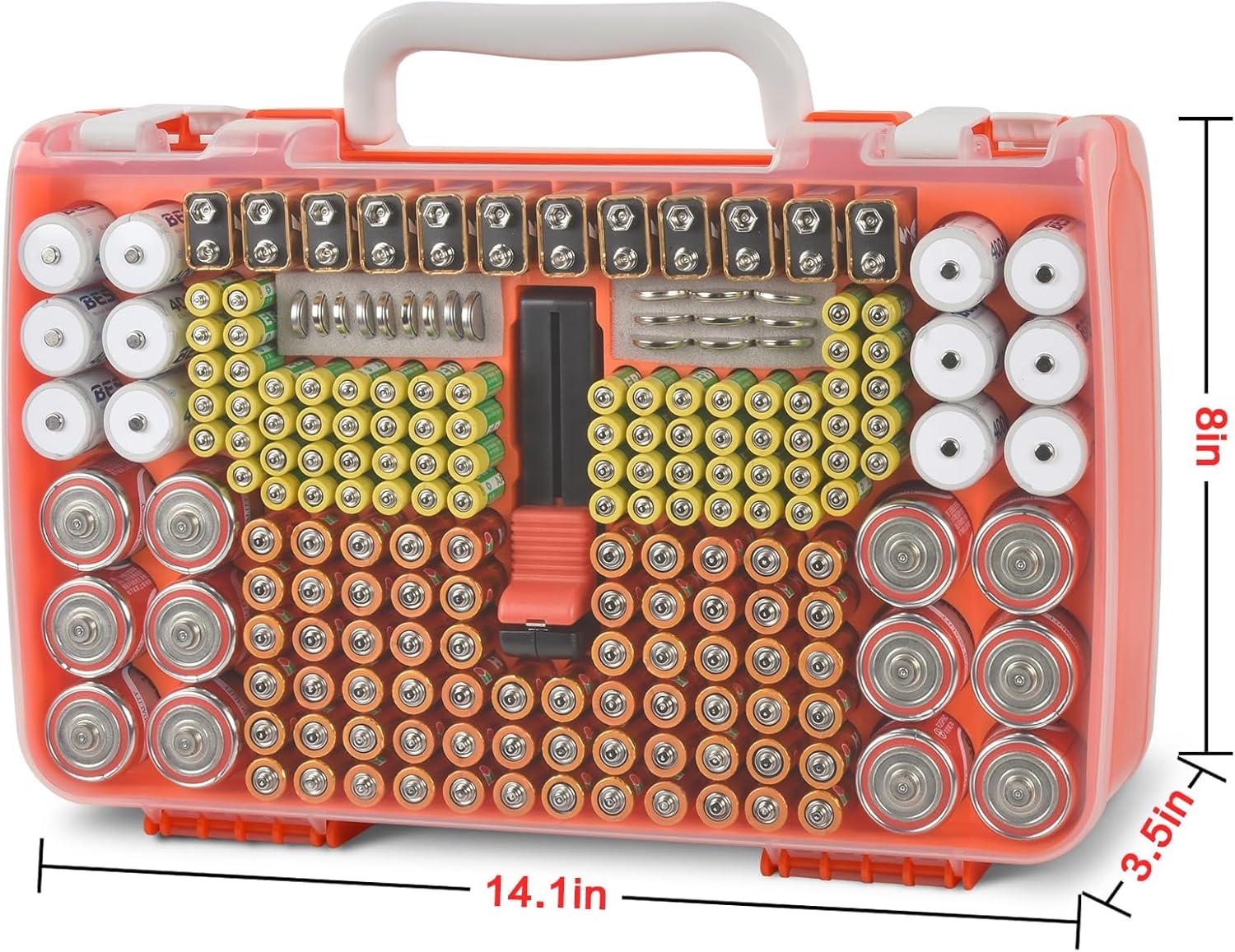 Battery Organizer Storage Holder Case with Double-Sided, Garage Box with Tester Checker. Batteries Container for 269pcs AA AAA AAAA 3A 4A 9V C D Lithium 4LR44 CR2 CR123A CR1632 CR2032 18650 - Orange