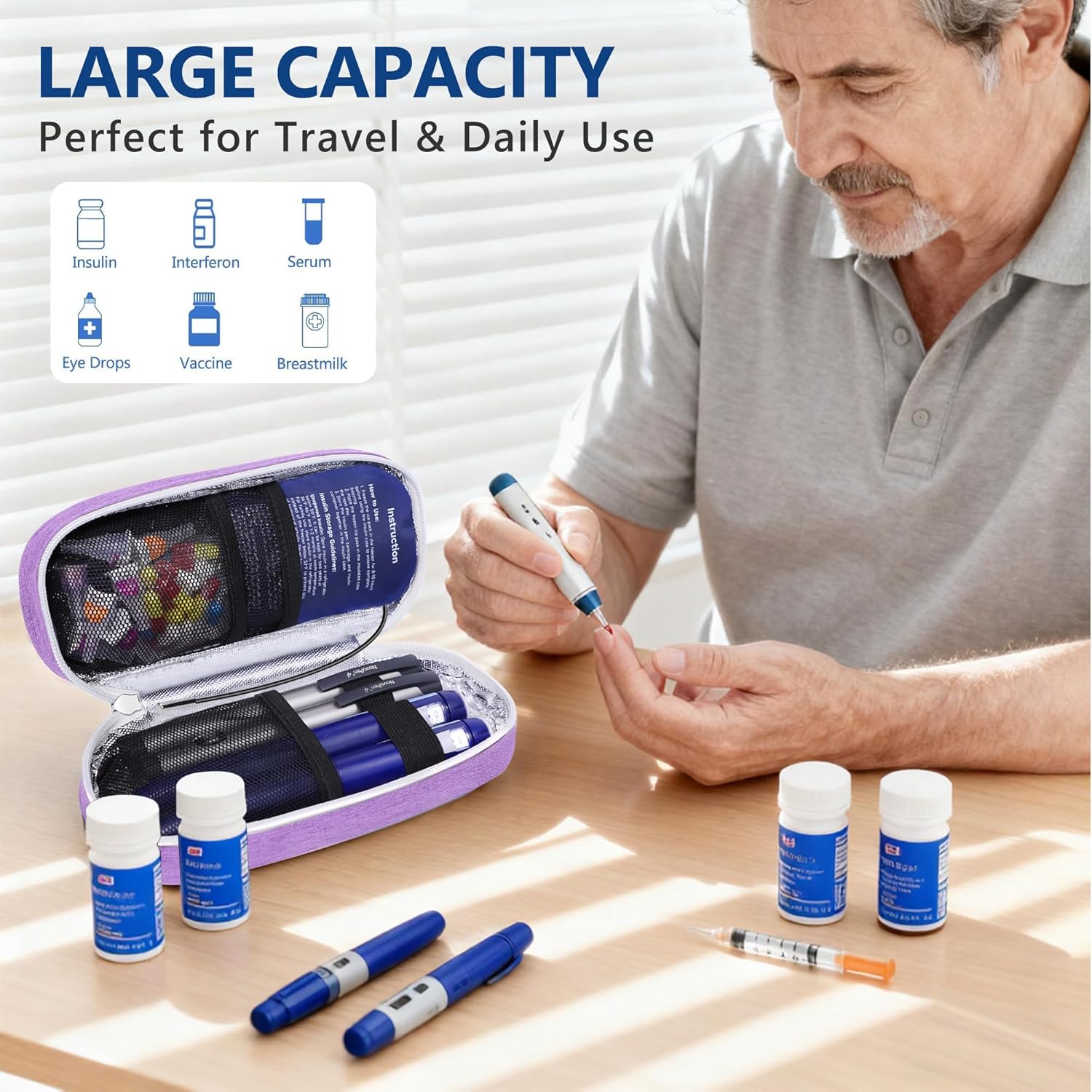 Insulin Cooler Travel Case TSA Approved with Temperature Display – Diabetic Medication Travel Case with 2 × 90g Ice Packs, Portable Medicine Organizer for 3–4 Insulin Pens and Diabetic Supplie(Purple)